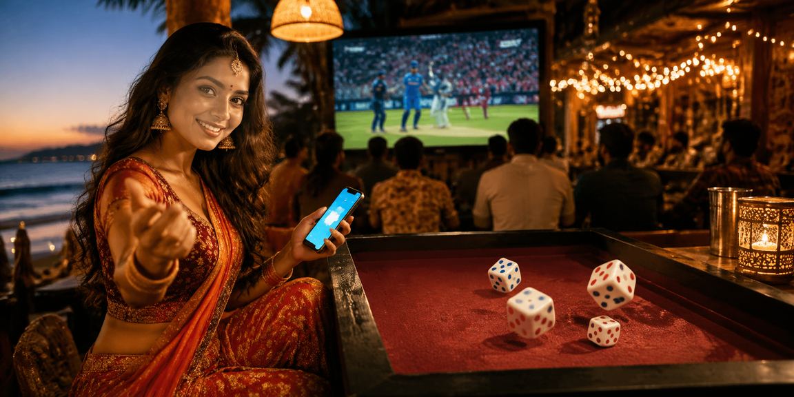 Bustling night market scene with Aviator game and cricket betting reflection