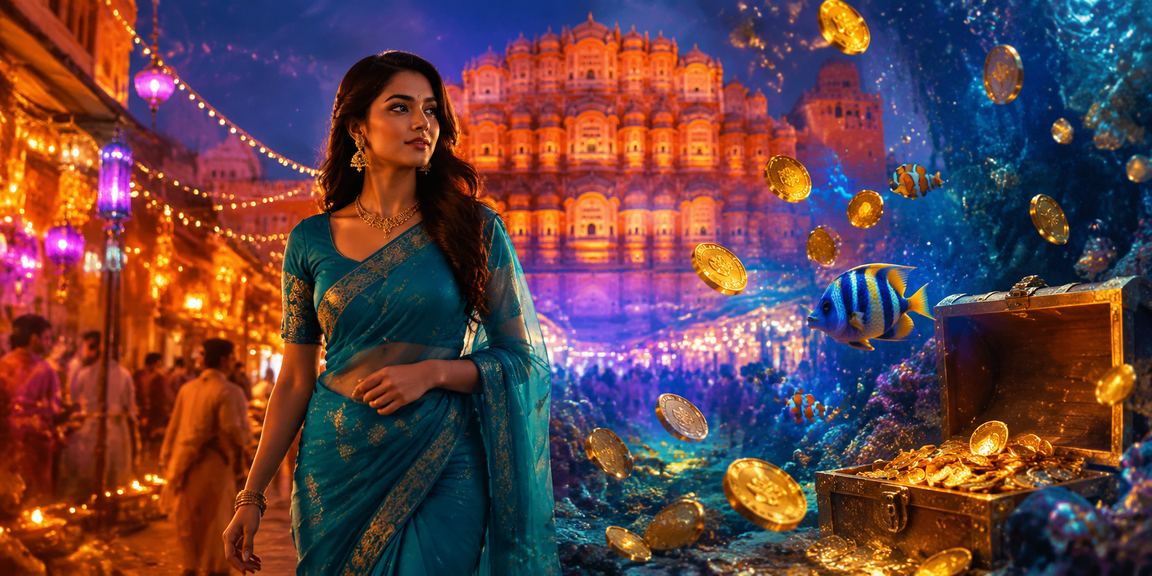 Woman in saree playing Aviator and fishing themed game in Jaipur